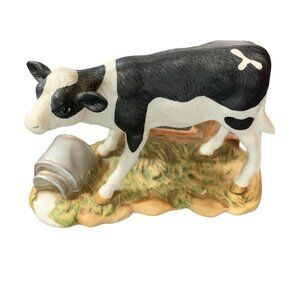 Homco 1459 Cow Figure Figurine 5.5 in Length x 4 in Tall Black White Milk Pail